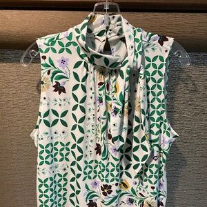 Ann Taylor Geo Floral Tie Neck Sleeveless Blouse Size M